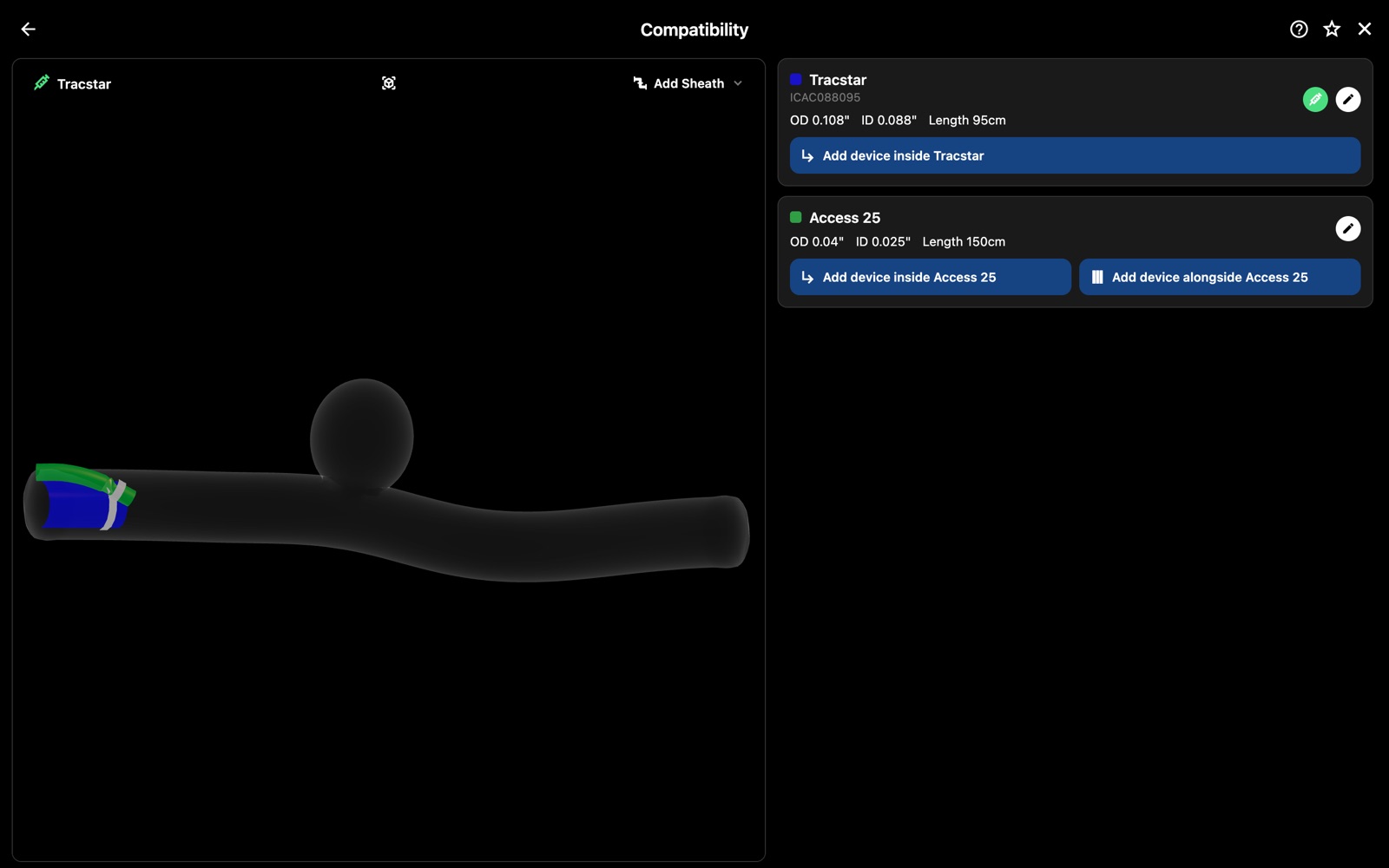 A guide and microcatheter stacked in the vessel, with OD, ID and length for each.