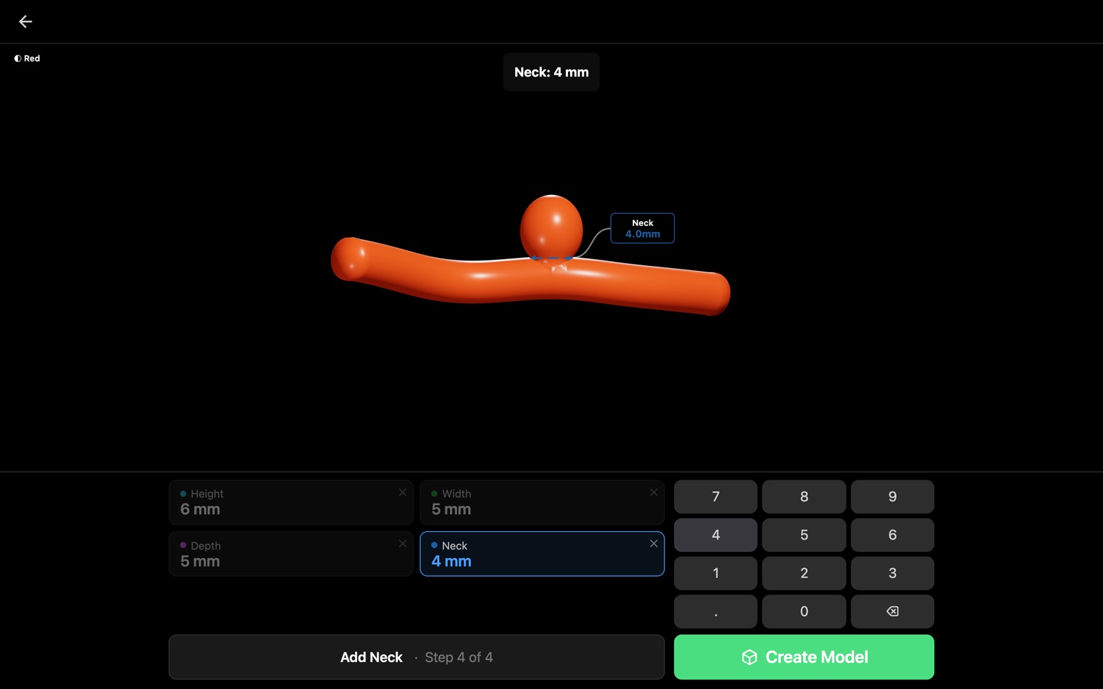Enter four aneurysm dimensions; the 3D model updates as you type.